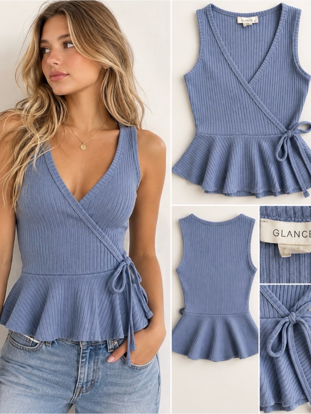 GLANCE Dusty Blue Ribbed Wrap Peplum Tie Top XS